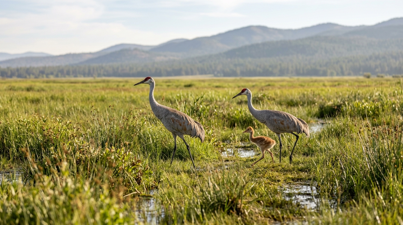 Greater sandhill cranes with a colt in a Modoc County wet meadow