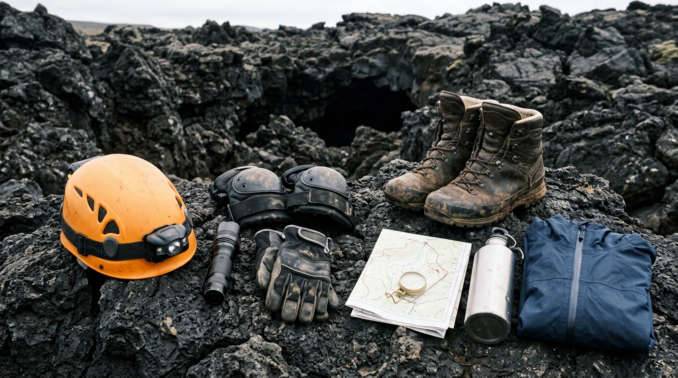 Helmet, headlamps and protective equipment for exploring lava-tube caves