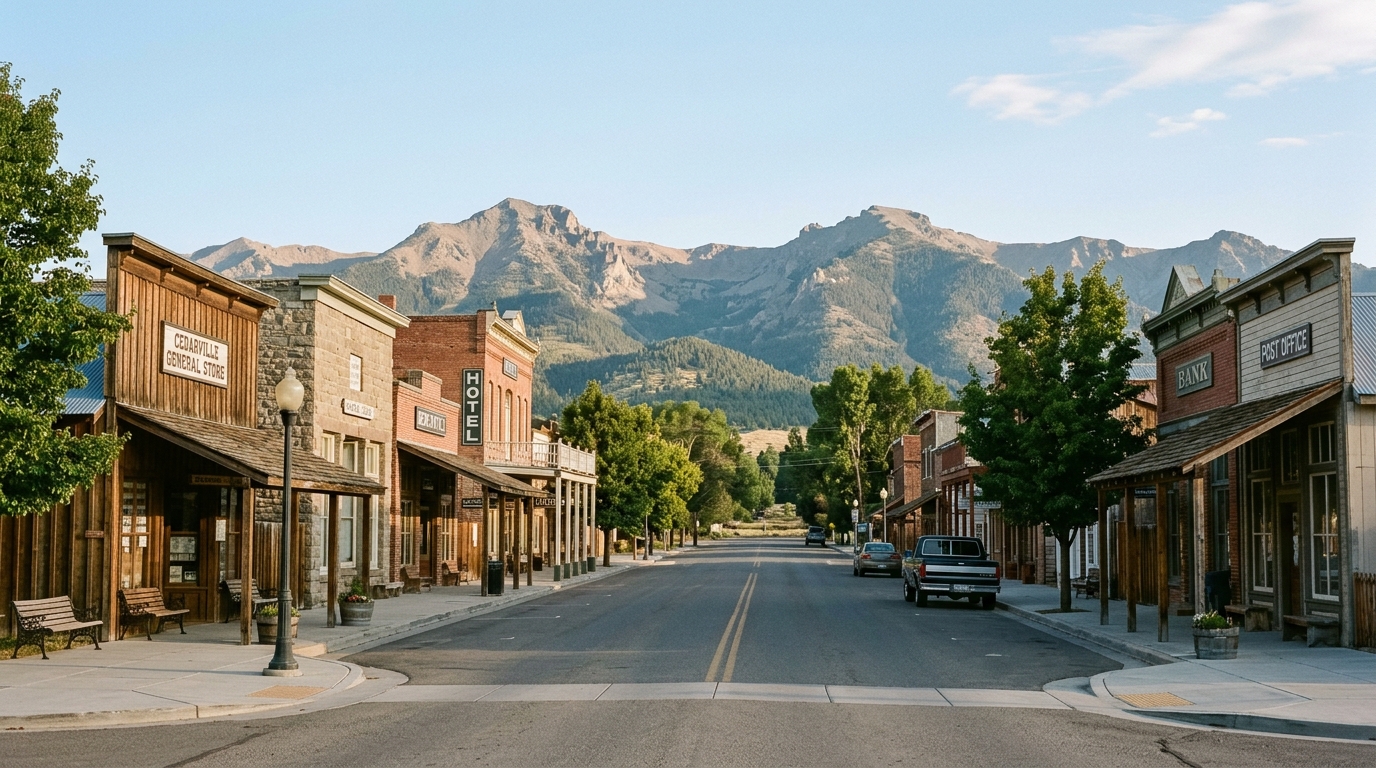 Historic Main Street in Cedarville with the Warner Mountains behind it