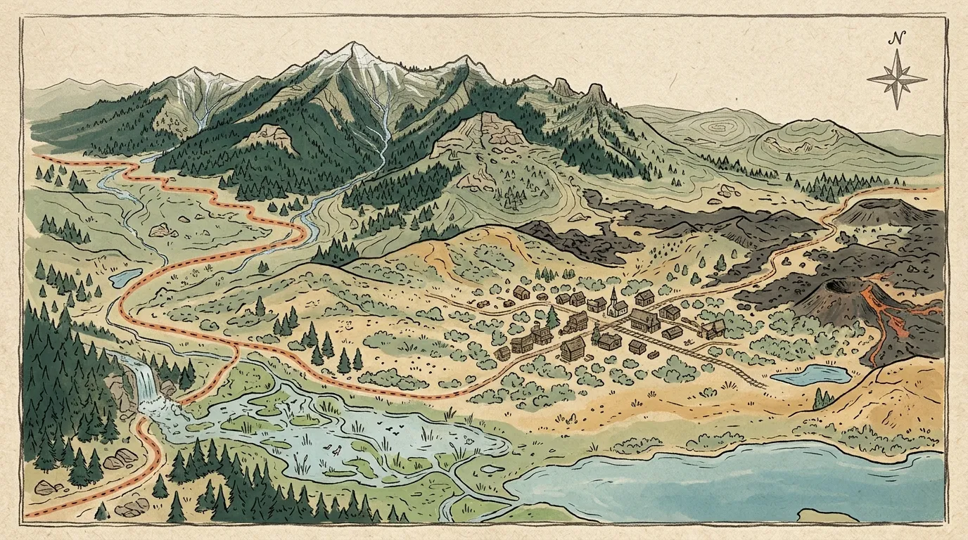 Illustrated Modoc County road map connecting high desert landscapes and mountain communities