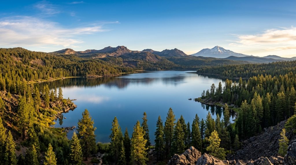 Medicine Lake surrounded by pine forest in Sáttítla Highlands National Monument