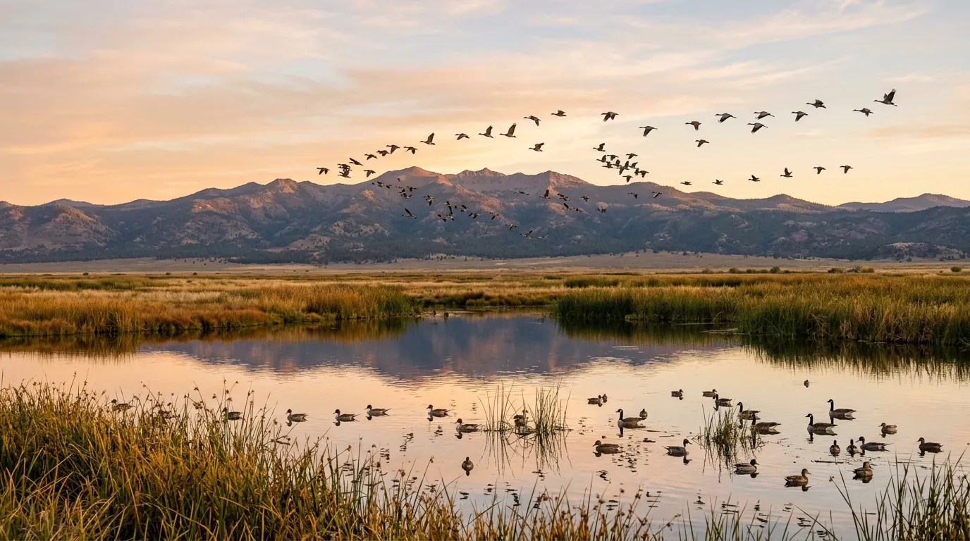 Migrating birds over wetlands at Modoc National Wildlife Refuge
