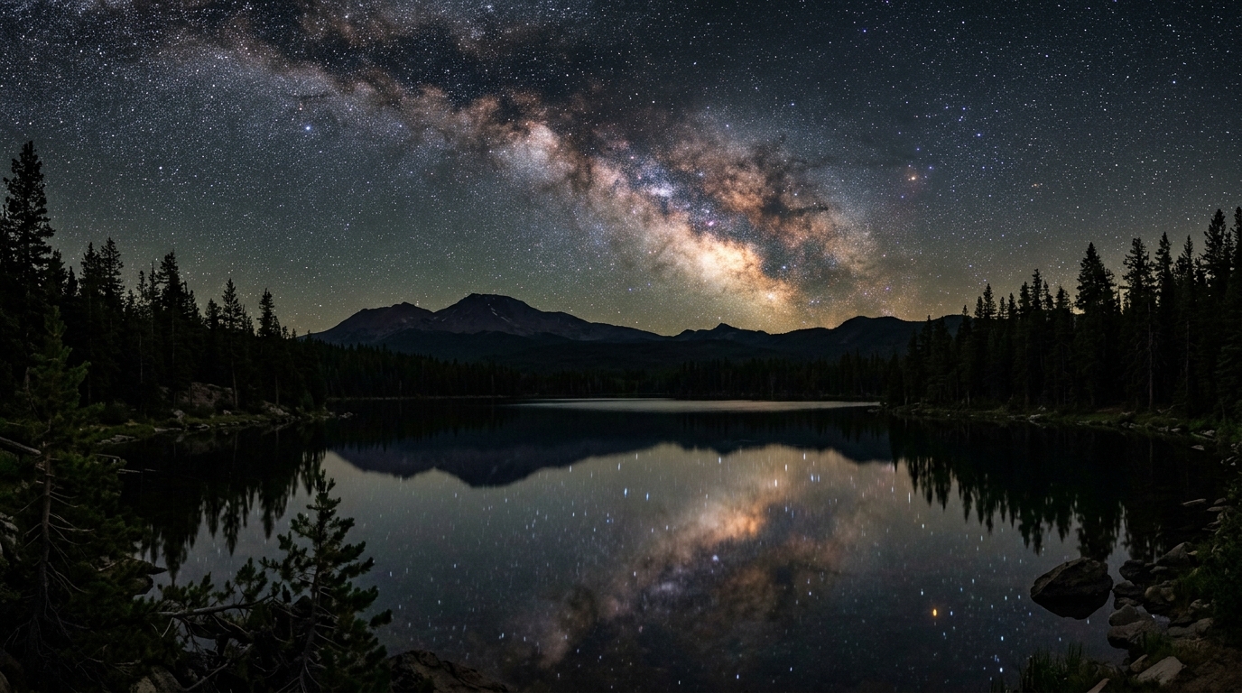 Milky Way reflected over Medicine Lake in the Sáttítla Highlands