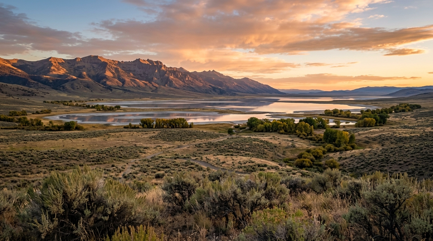 Ranchland and alkaline lakes beneath the Warner Mountains in Surprise Valley