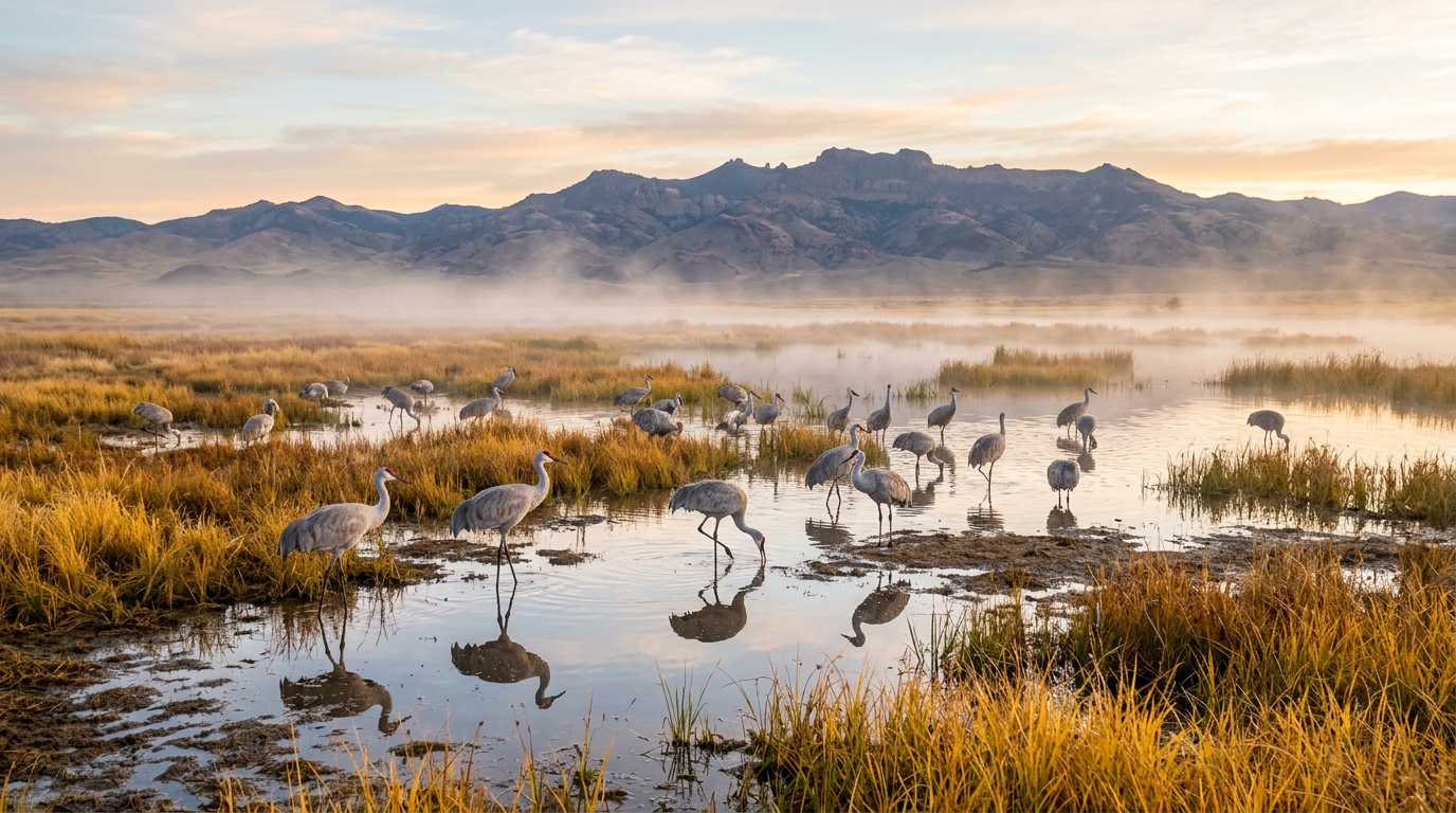 Sandhill cranes feeding in wetlands at Modoc National Wildlife Refuge