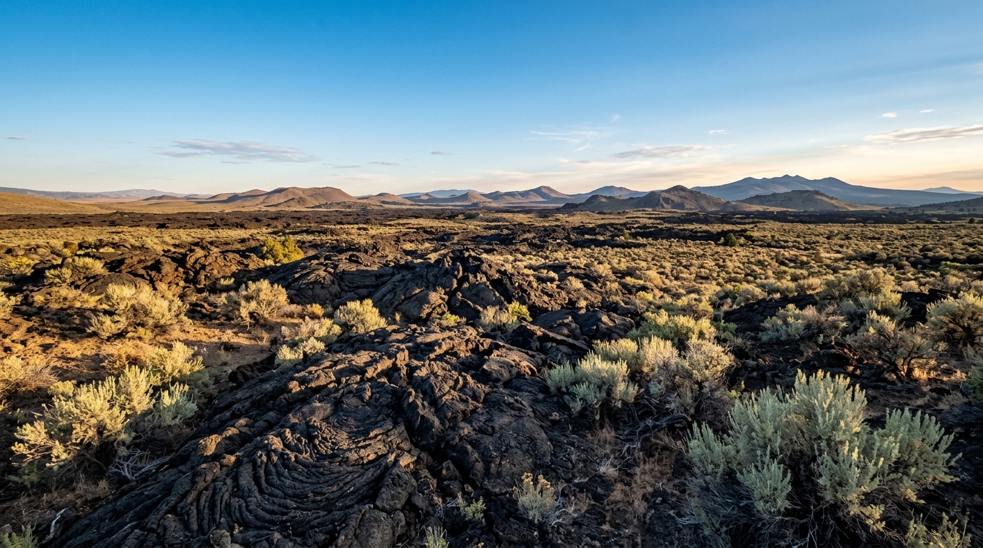 Volcanic formations and sagebrush at Lava Beds National Monument