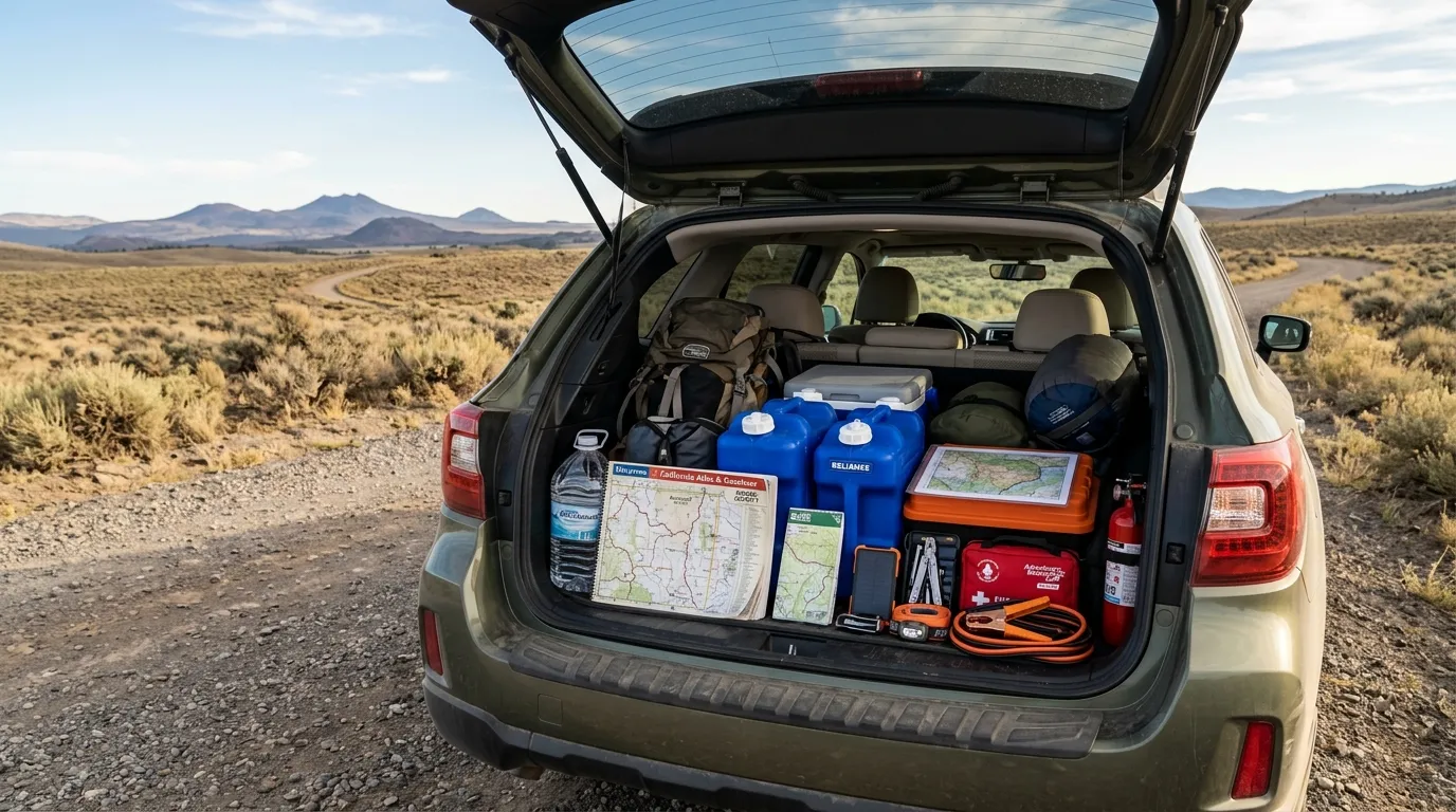 Water, maps and emergency gear for a remote Modoc County road trip